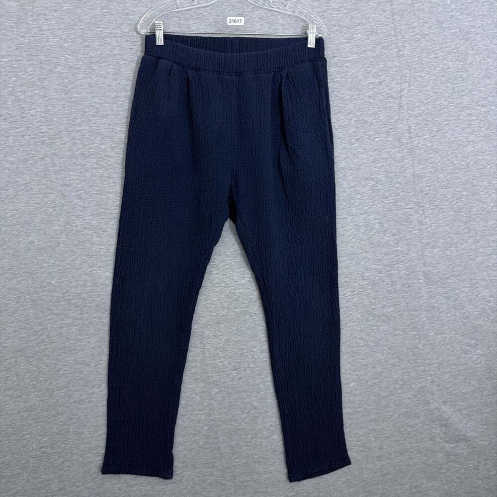 Black Crane Womens Medium Navy Blue Textured Cotton Elastic Waist Pants Made in